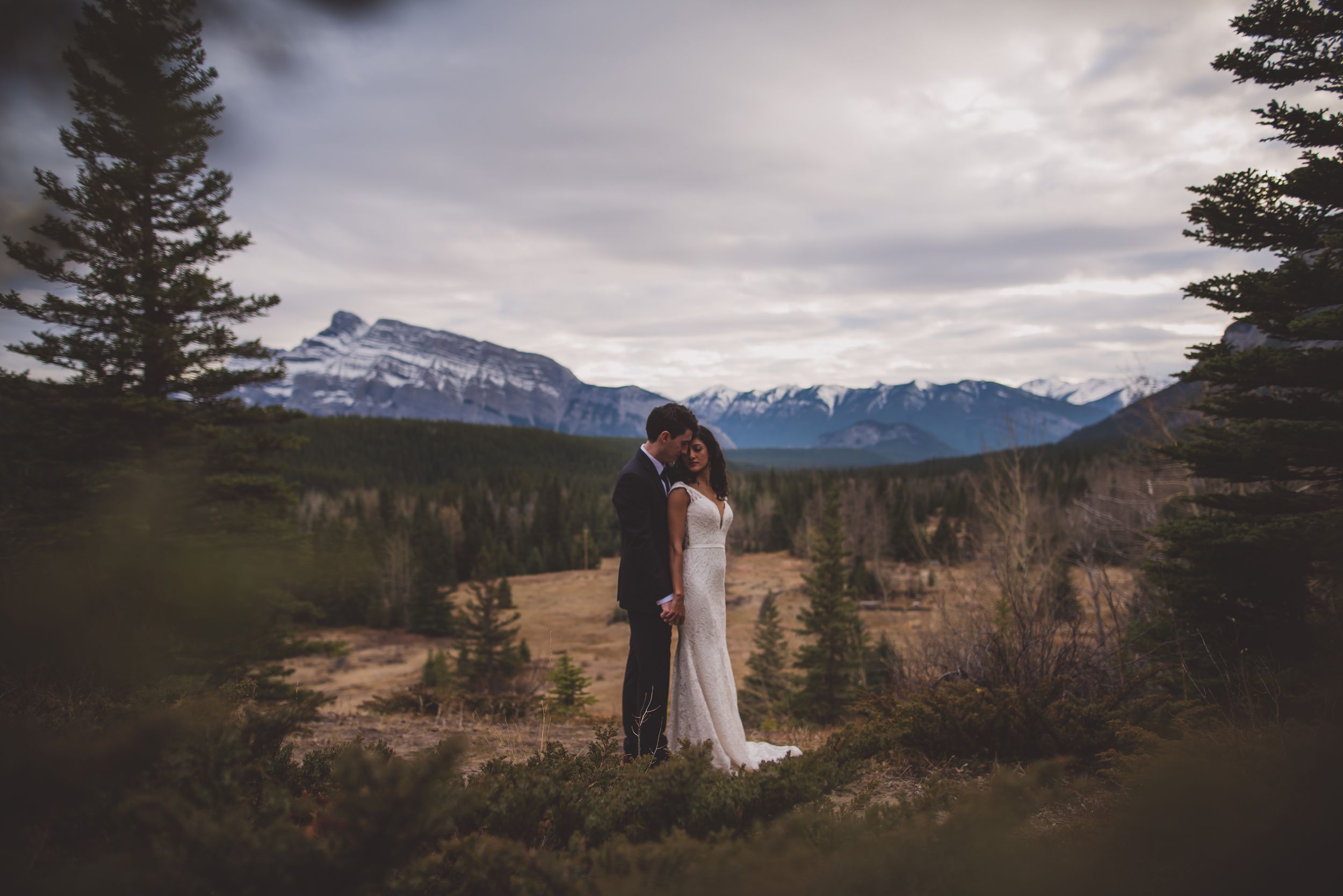 Wedding couple embracing with stunning Rocky Mountain backdrop and evergreen forest landscape.