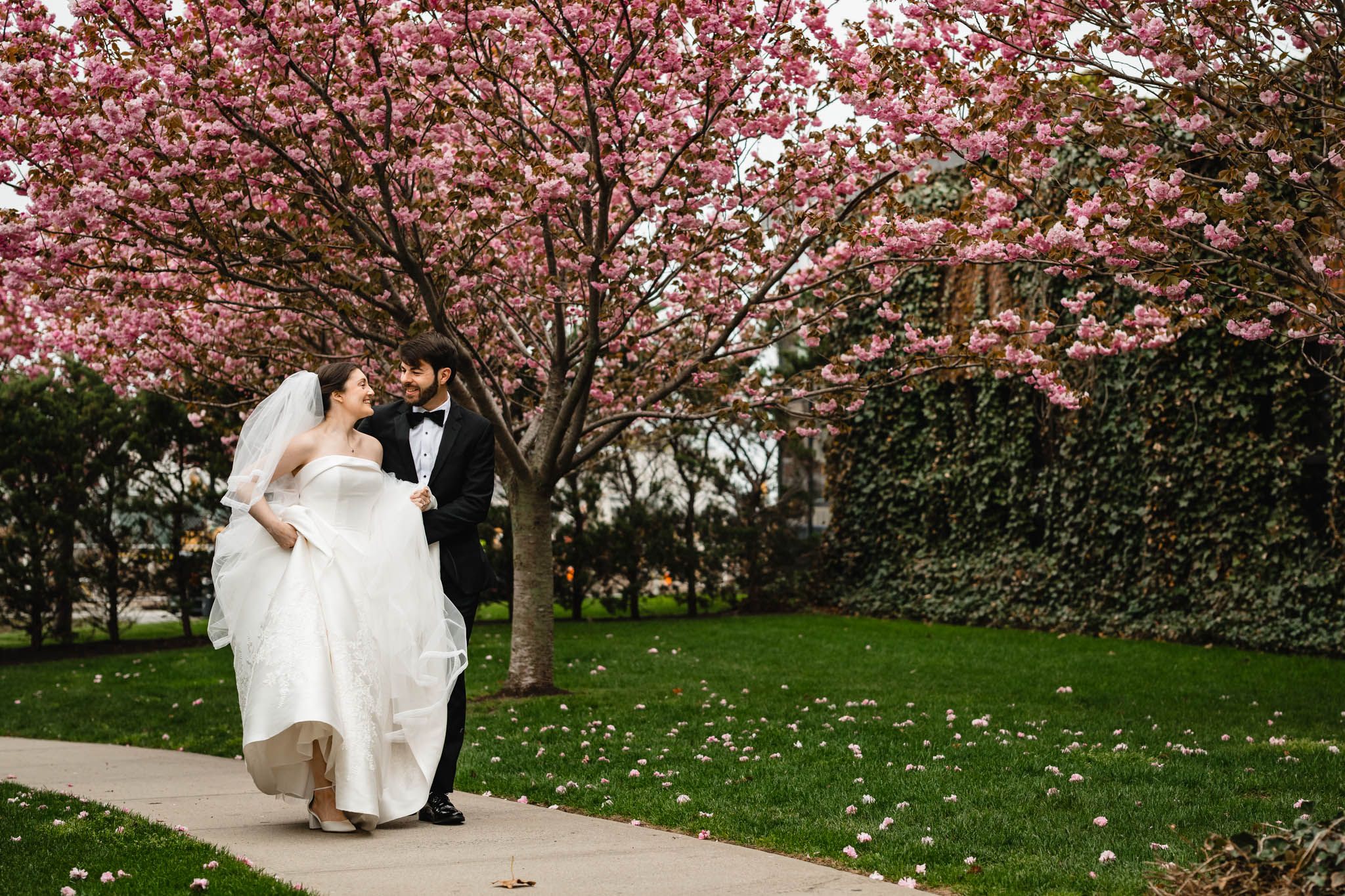 Bride and groom walking together under blooming pink cherry blossom trees on a sunny day.