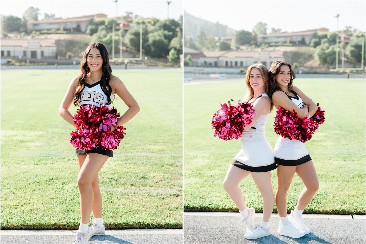 San Luis Obispo High School dance team portrait on the football field with pink poms, captured by a SLO High senior photographer.