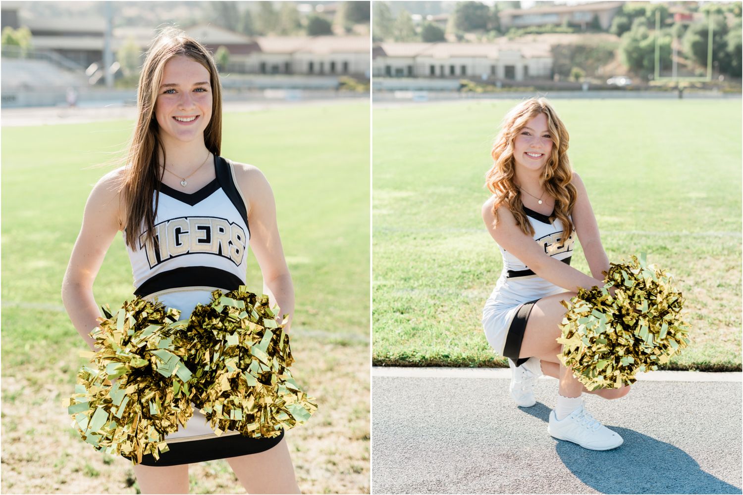 Varsity dance team members smiling on the SLO High football field before halftime performances at home football games.