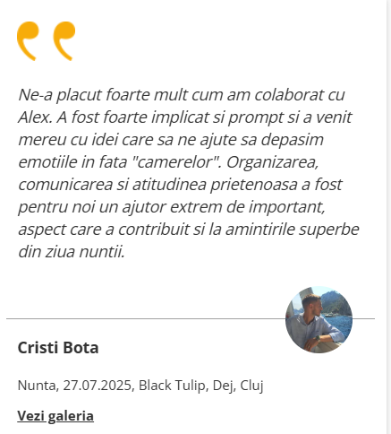 Screenshot of a Romanian wedding review testimonial with profile photo.