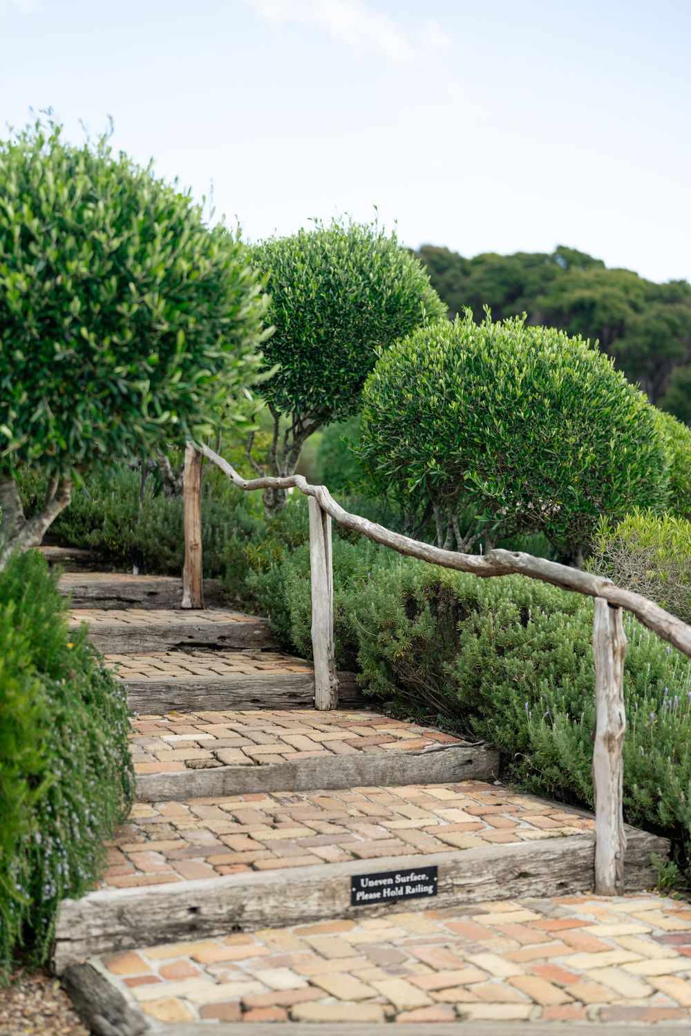 A brick pathway with rustic wooden railings winds through a lush garden with trimmed round shrubs and greenery.