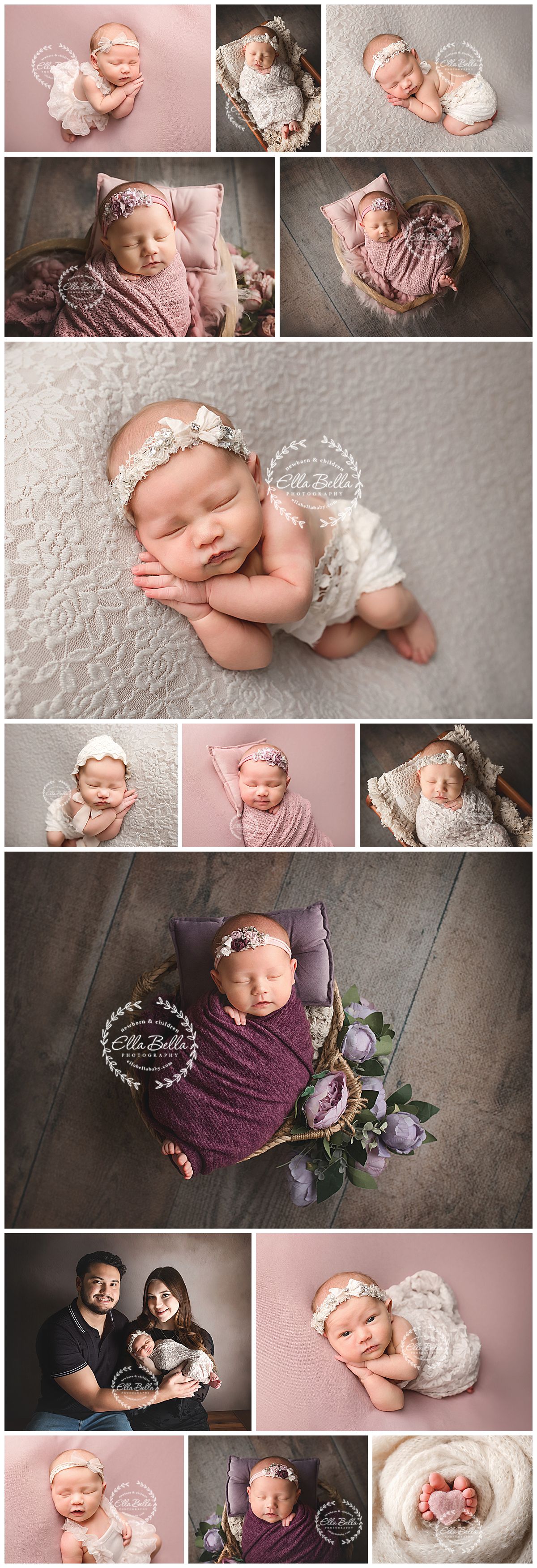 Newborn baby girl photography collage featuring soft pink and purple wraps, floral headbands, and posed studio shots with parents.