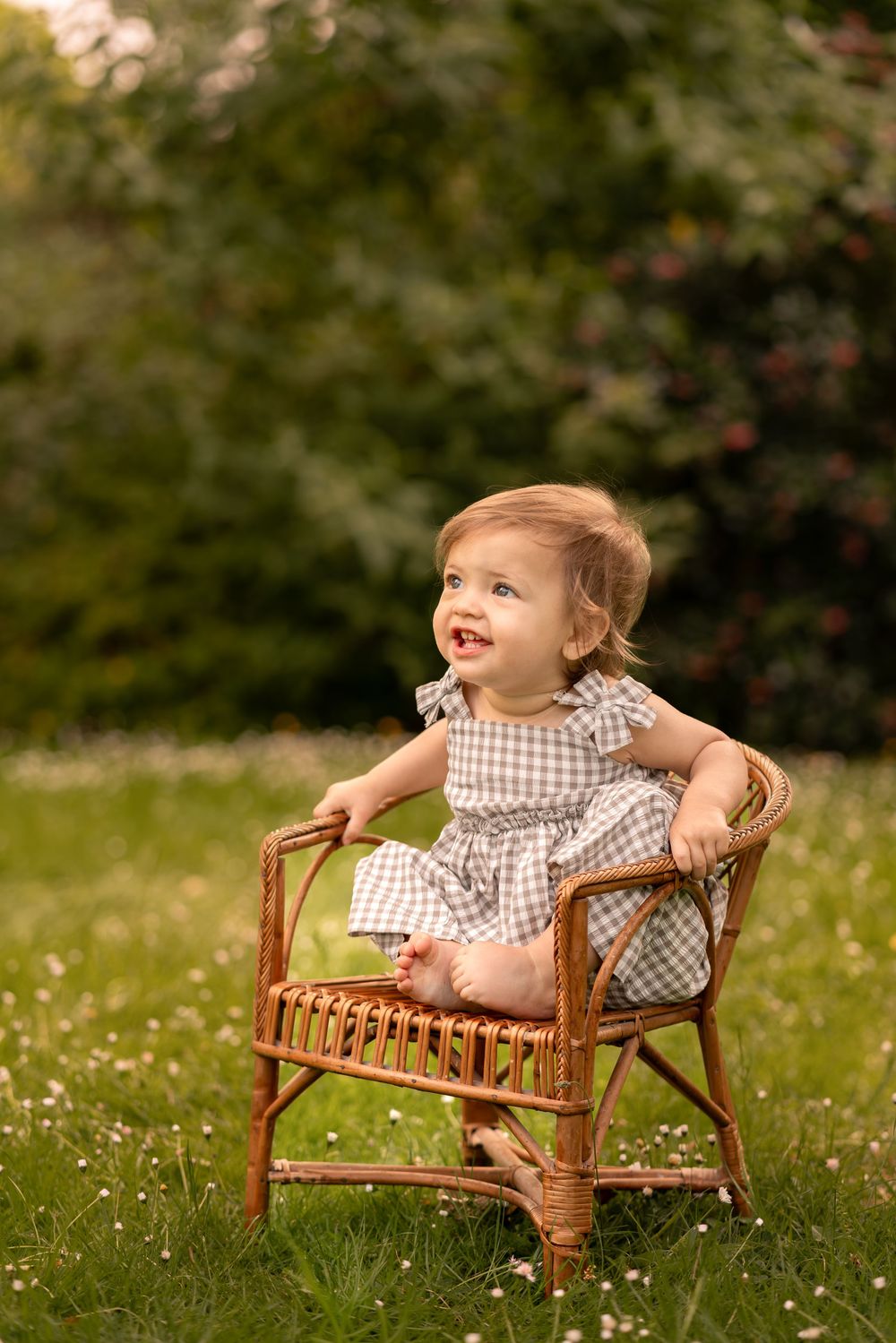 Smiling toddler girl in gingham dress sitting in wicker chair on green grass with garden background.