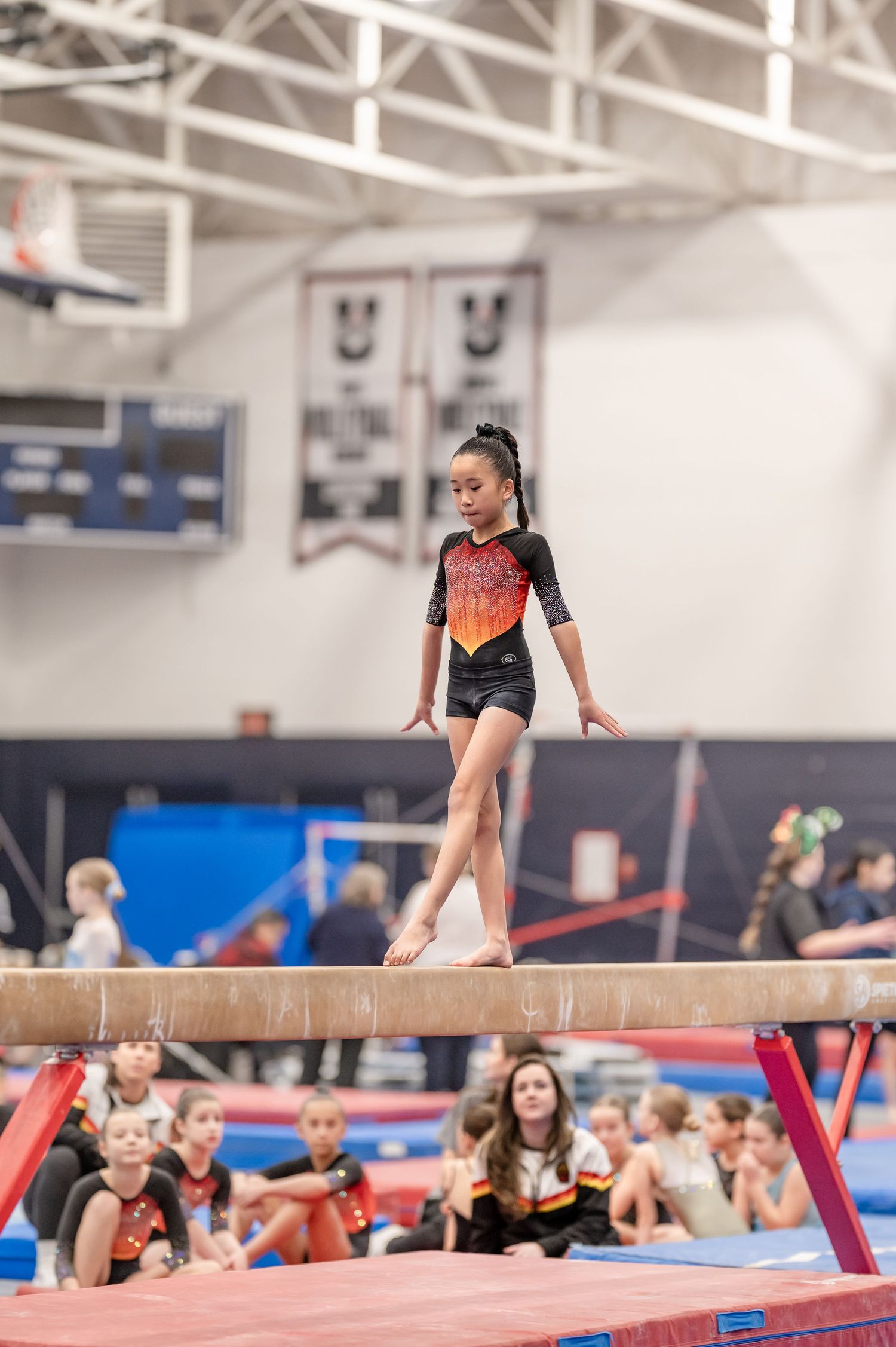Young gymnast in red and black leotard performing on balance beam at indoor gymnastics competition.