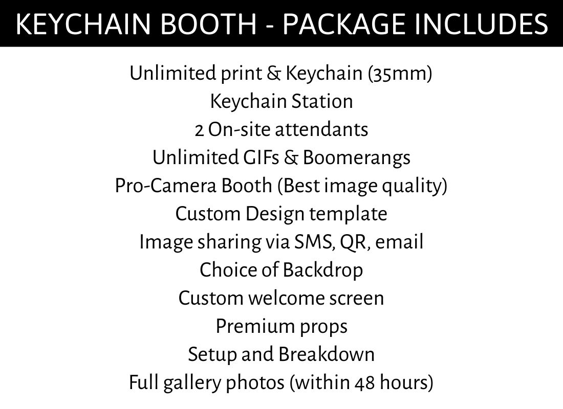 Photo booth package includes unlimited prints, GIFs, boomerangs, custom design, pro camera, backdrop choice, props, and gallery photos.
