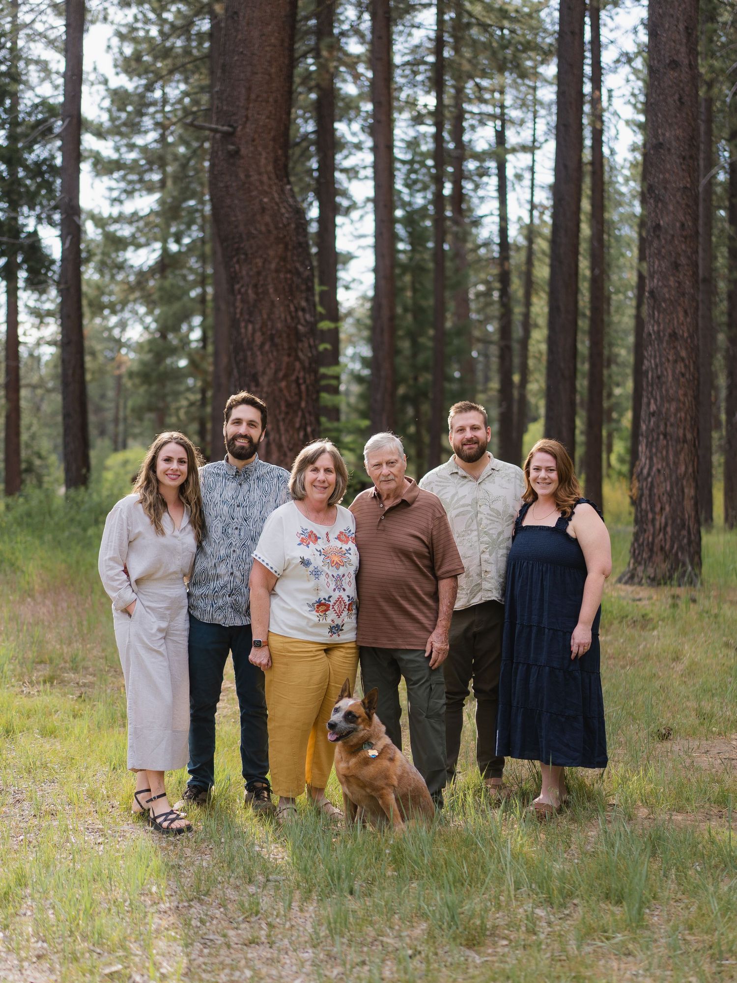 Family of six adults poses with a brown dog in a pine forest clearing for an outdoor portrait.