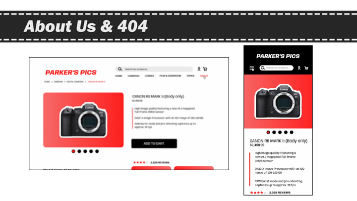 Parker's Pics photography website design showing About Us and 404 error page layouts in red, black, and white.