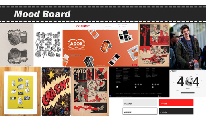 A mood board featuring vintage photography, bold typography, red accents, and retro graphic design elements for a photography brand.