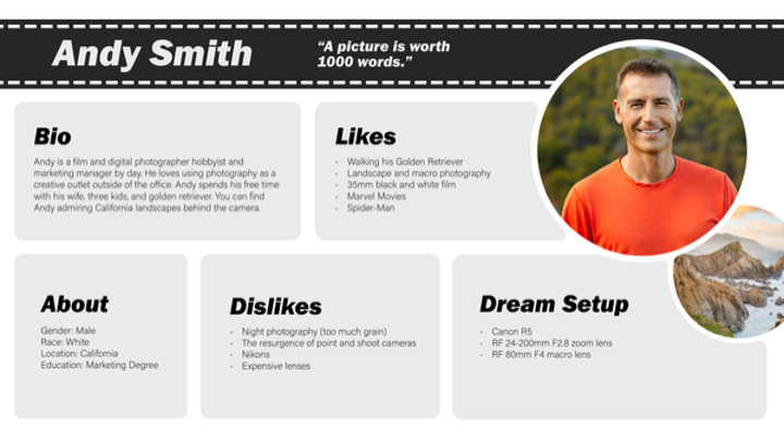 A professional biography card for Andy Smith, a film and digital photographer, featuring his photo, bio, likes, dislikes, and dream setup.