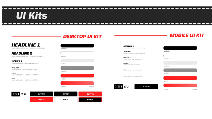 Desktop and mobile UI kits showcasing headline styles, buttons, and form elements in red, black, and gray.