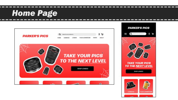 Parker's Pics photography store homepage displaying a bold red design with camera equipment and shop now button.