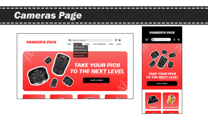 Parker's Pics camera store webpage design featuring a bold red banner with cameras and shop now button.