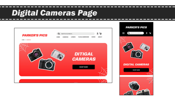 Parker's Pics digital cameras page featuring a red banner with camera graphics and a Shop Now button on desktop and mobile.
