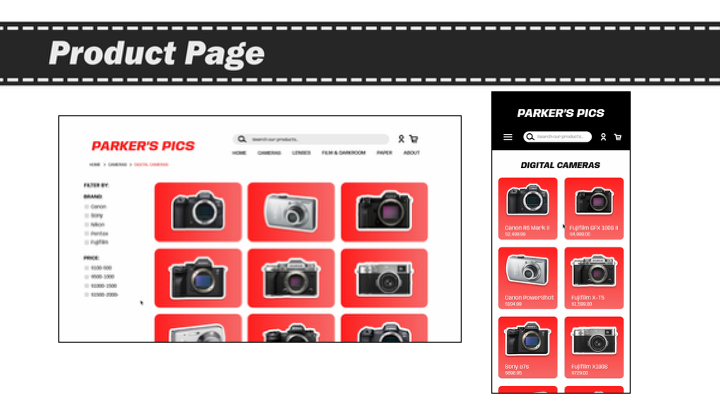 Parker's Pics digital cameras product page grid layout displaying multiple camera models on red backgrounds.