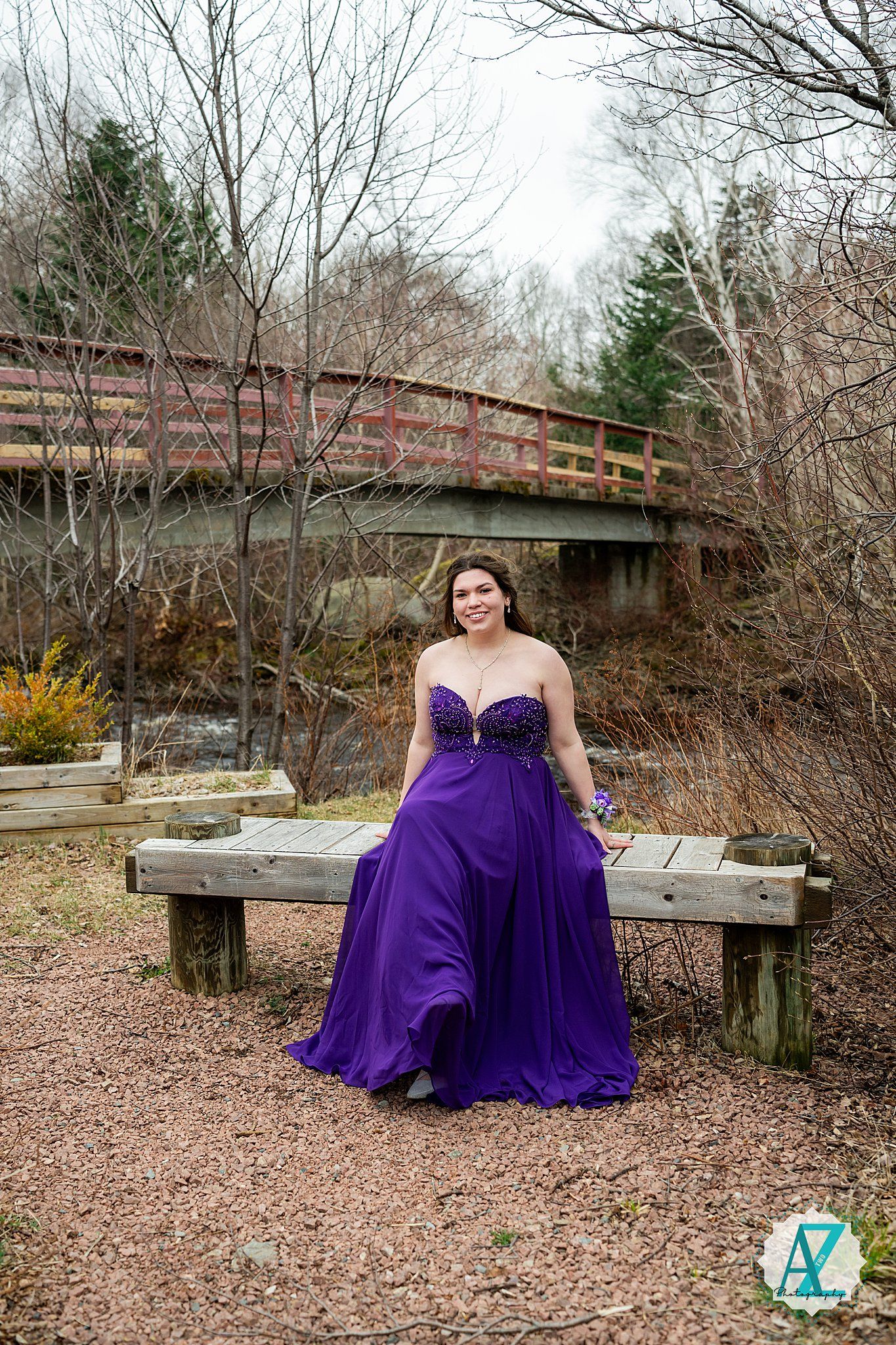 A figure in an elegant flowing purple gown poses on a wooden bench with a rustic footbridge in the background.
