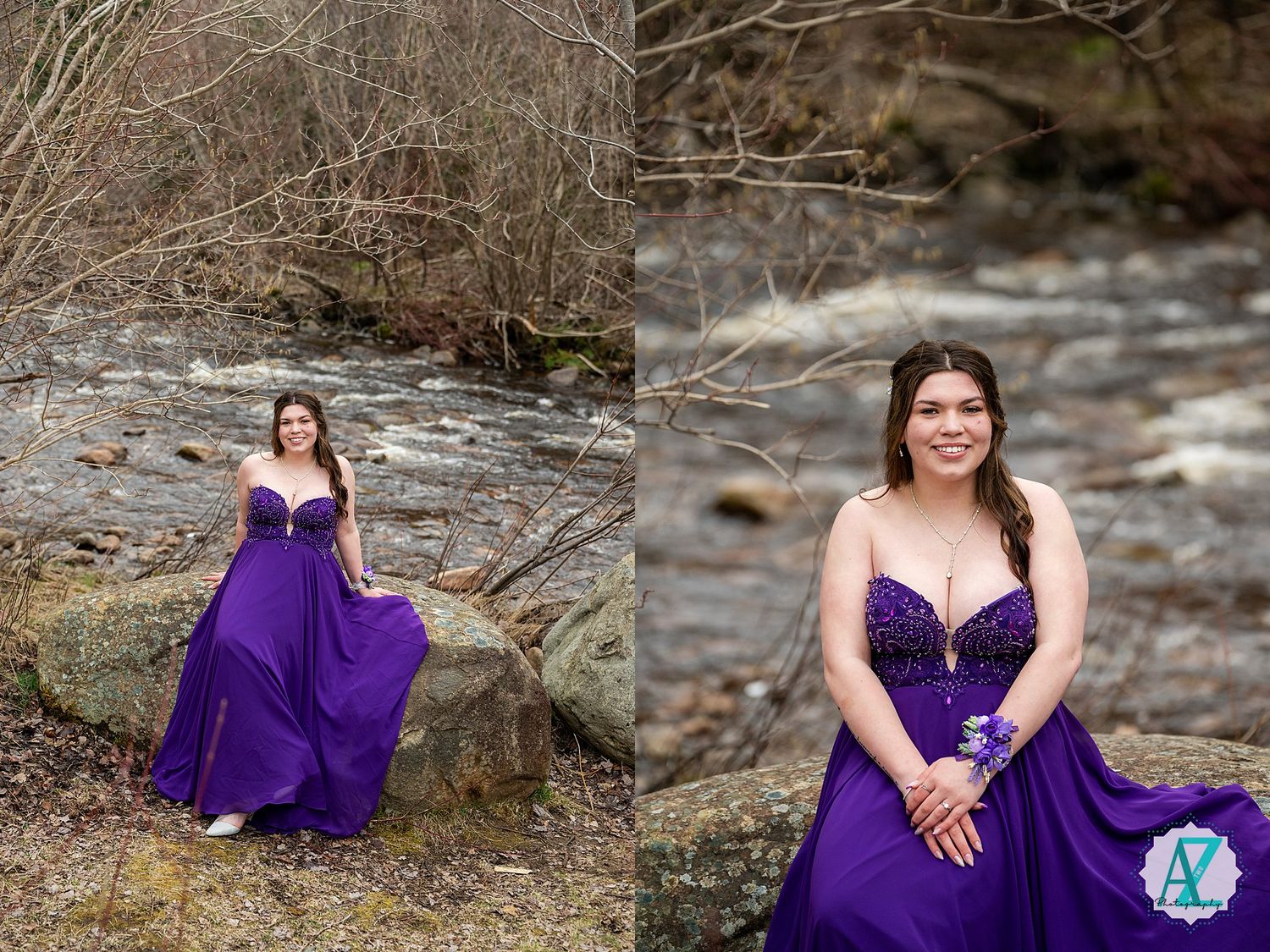 A flowing purple evening gown catches the breeze near a rocky stream in a forest setting.