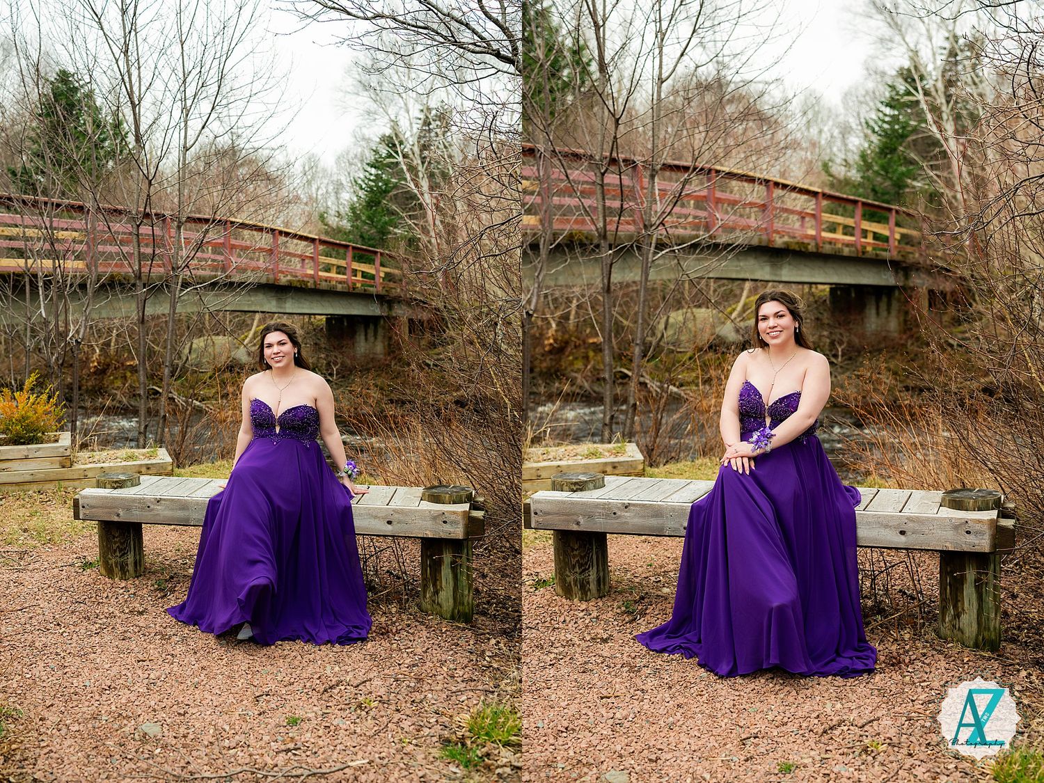 Woman in flowing purple gown sits on bench by rustic wooden bridge in natural outdoor setting.