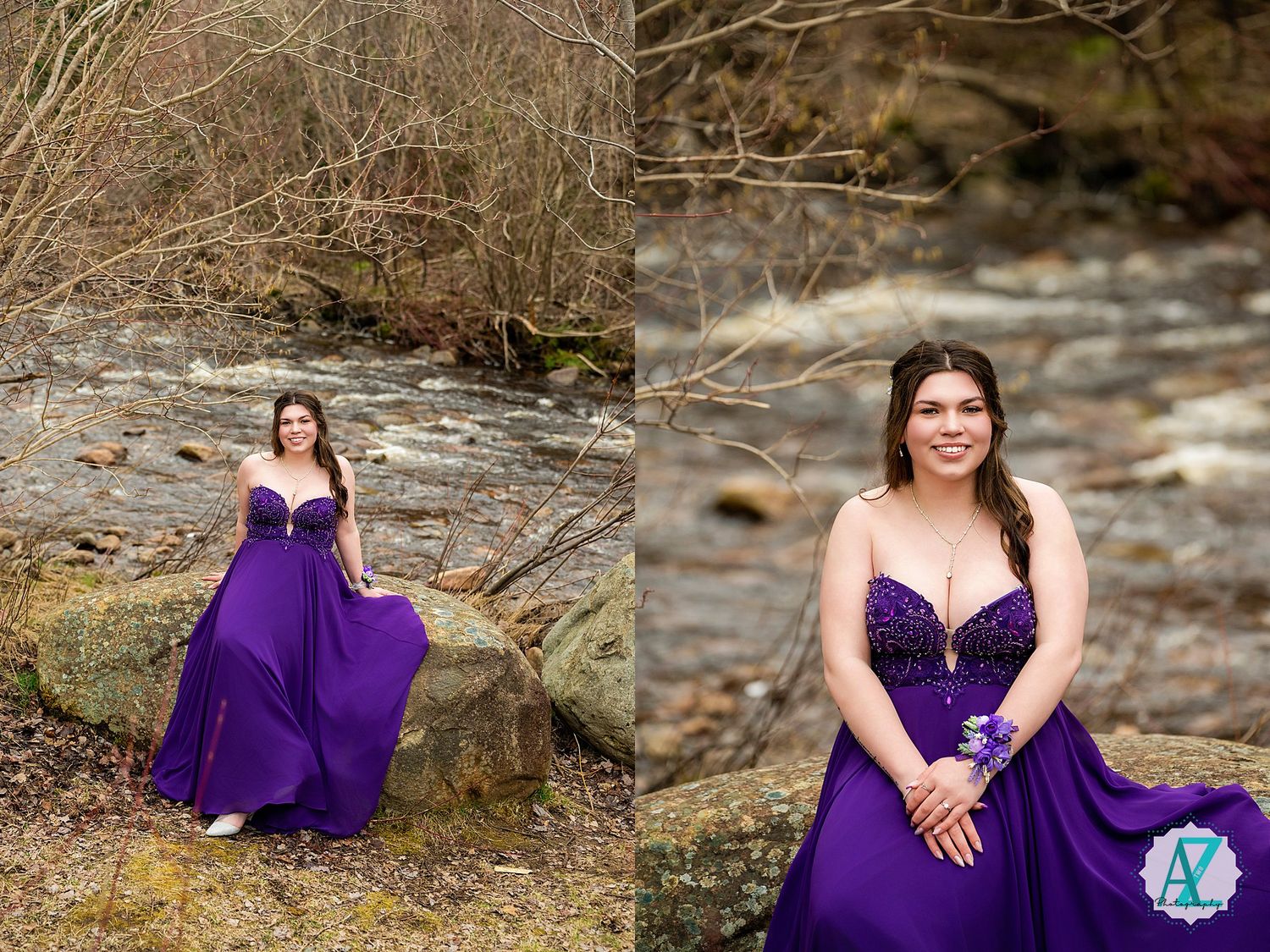 A flowing purple formal dress contrasts beautifully against the rocky riverbank and winter forest landscape.