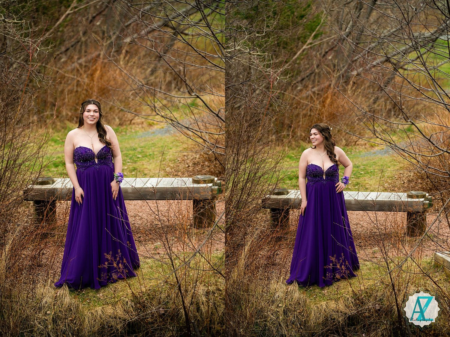 A vibrant purple formal gown stands out against a natural backdrop with bare trees and a rustic bench.