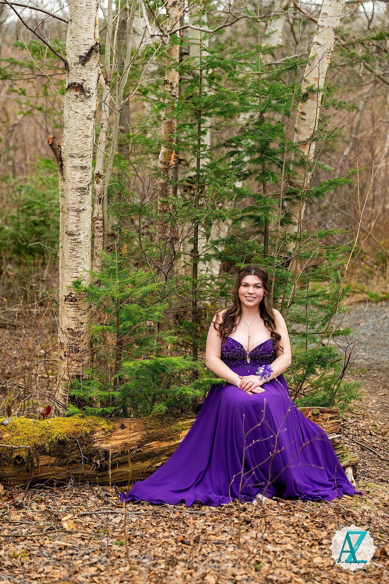 A flowing purple gown creates an enchanting woodland scene against birch trees, fallen logs, and evergreen forest backdrop.