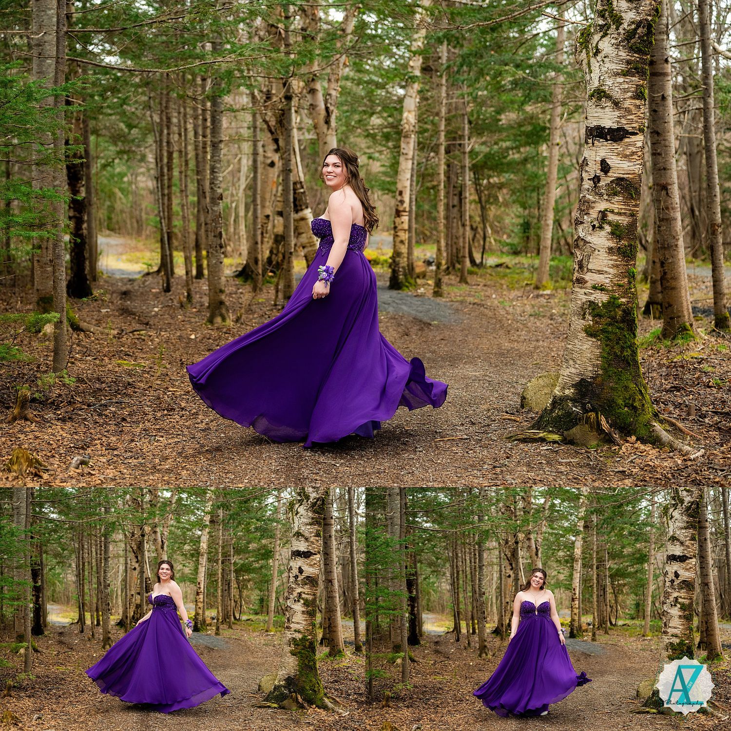 A flowing purple gown twirls through a woodland path lined with tall birch and pine trees in a forest setting.
