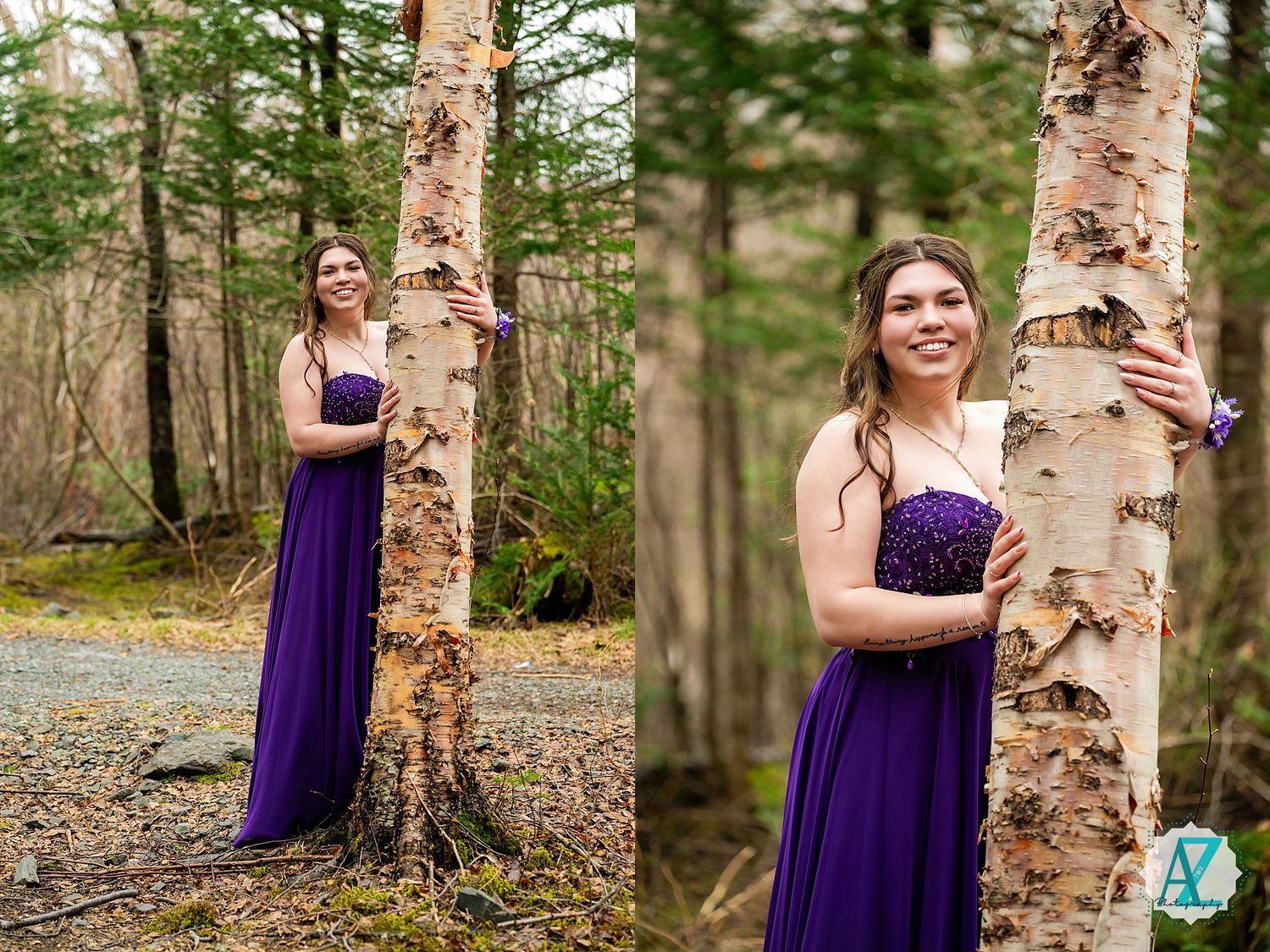 Someone in an elegant purple formal dress poses gracefully next to birch trees in a peaceful forest setting.