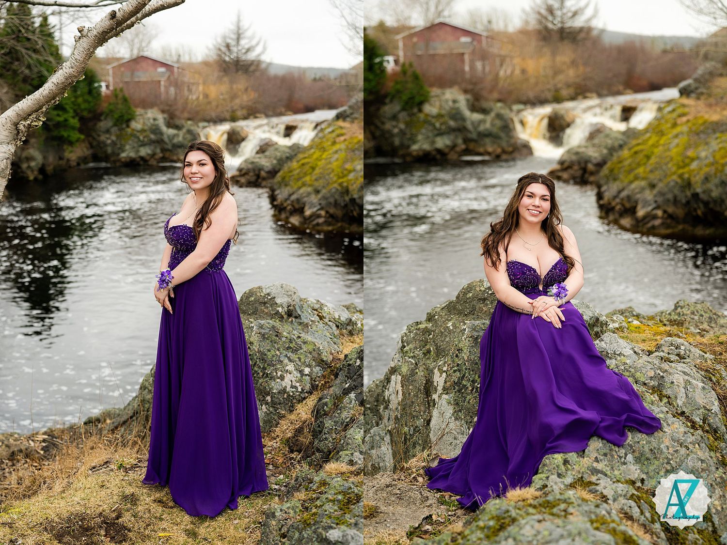 A flowing purple gown cascades over mossy rocks beside a rushing waterfall stream in a natural setting.