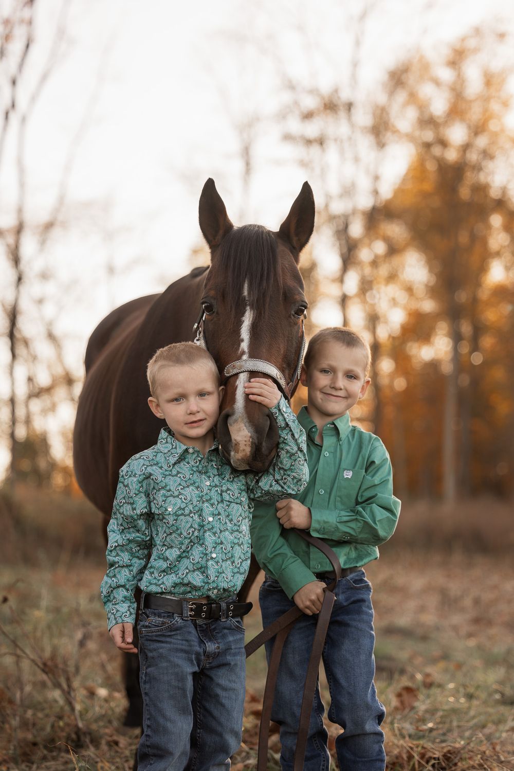 Two young boys pose with a beautiful brown horse against an autumn backdrop.