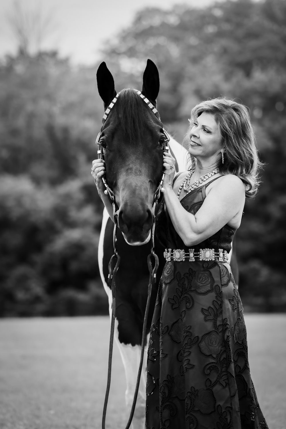 Elegant photoshoot with a black horse against a serene outdoor backdrop.