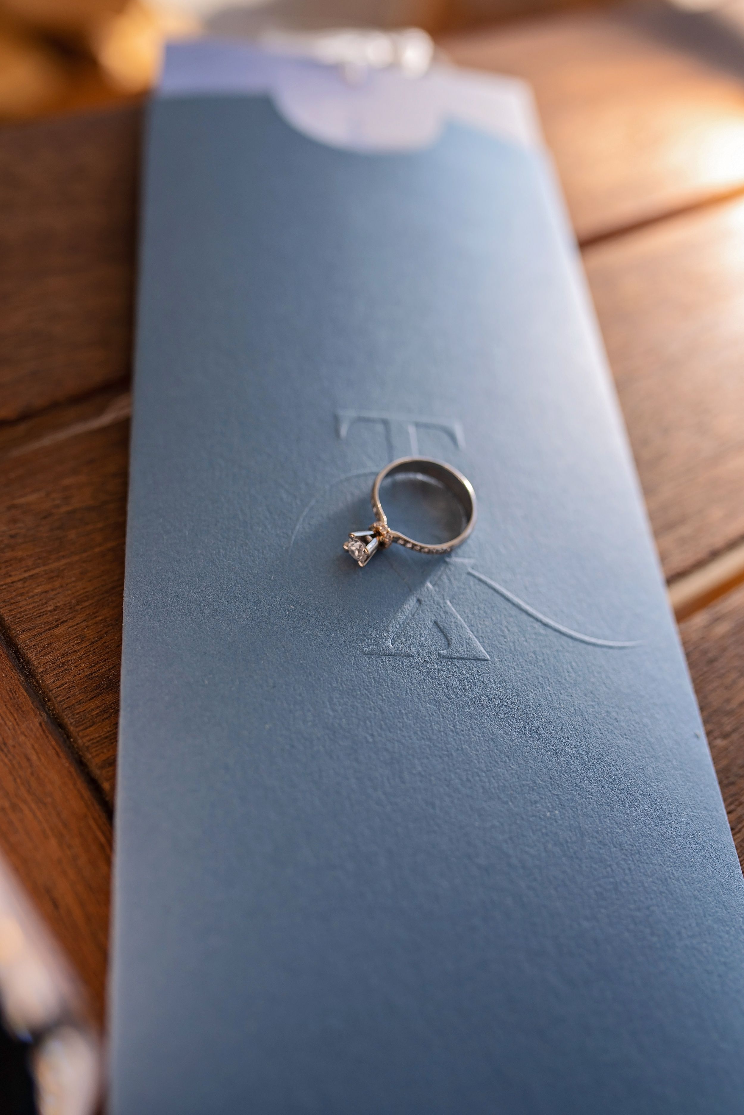 An engagement ring with diamond solitaire placed on elegant blue stationery.