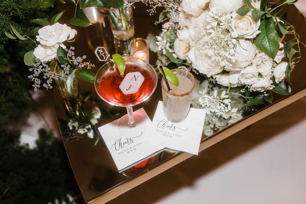 branded customized drinks for bride and groom at wedding reception. Late night details