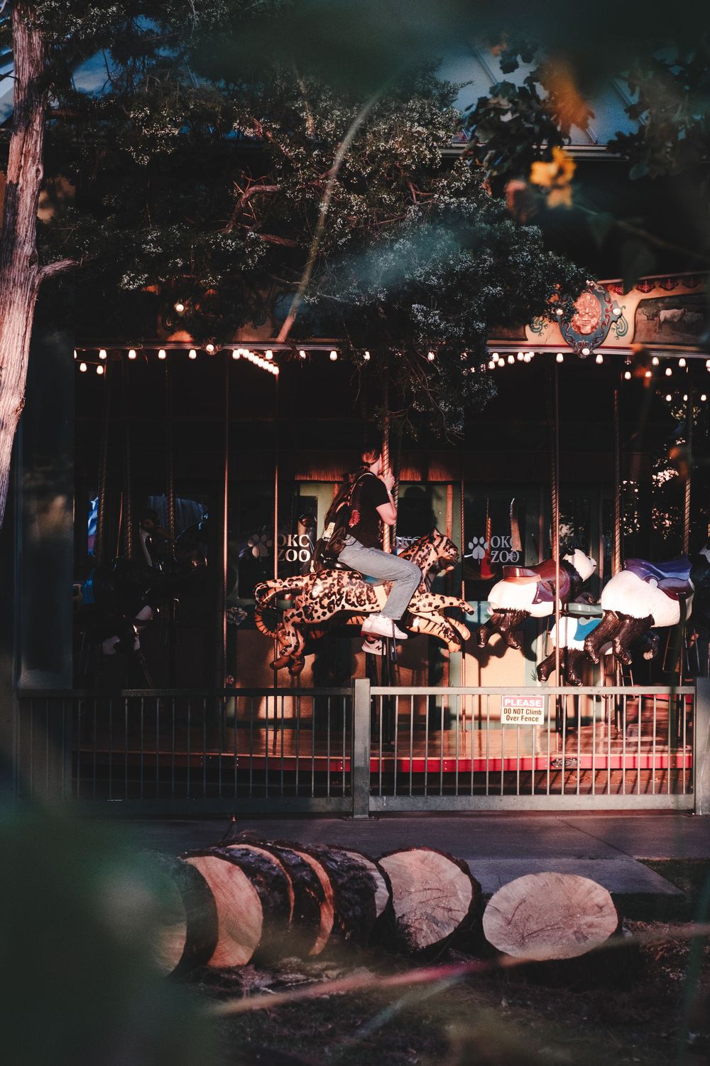 String lights illuminate a nighttime outdoor entertainment area with a carousel visible in the background.