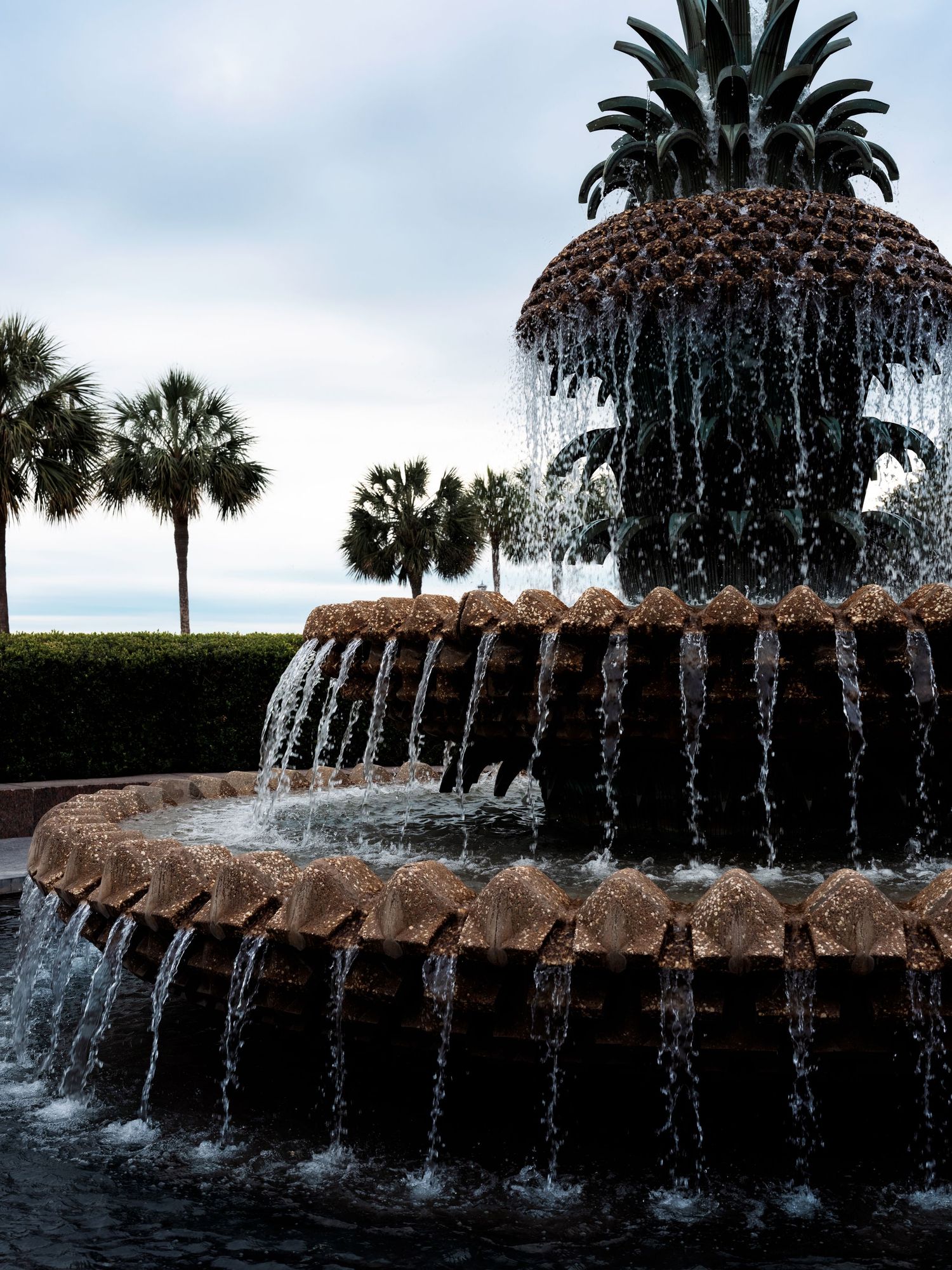 The iconic Pineapple Fountain in Charleston's Waterfront Park sprays water against a backdrop of palm trees and cloudy skies.