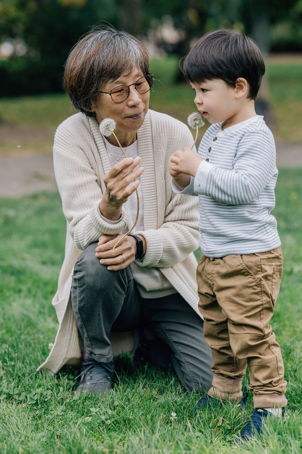 Grandmother and toddler grandson blow dandelions together on green grass in a park.