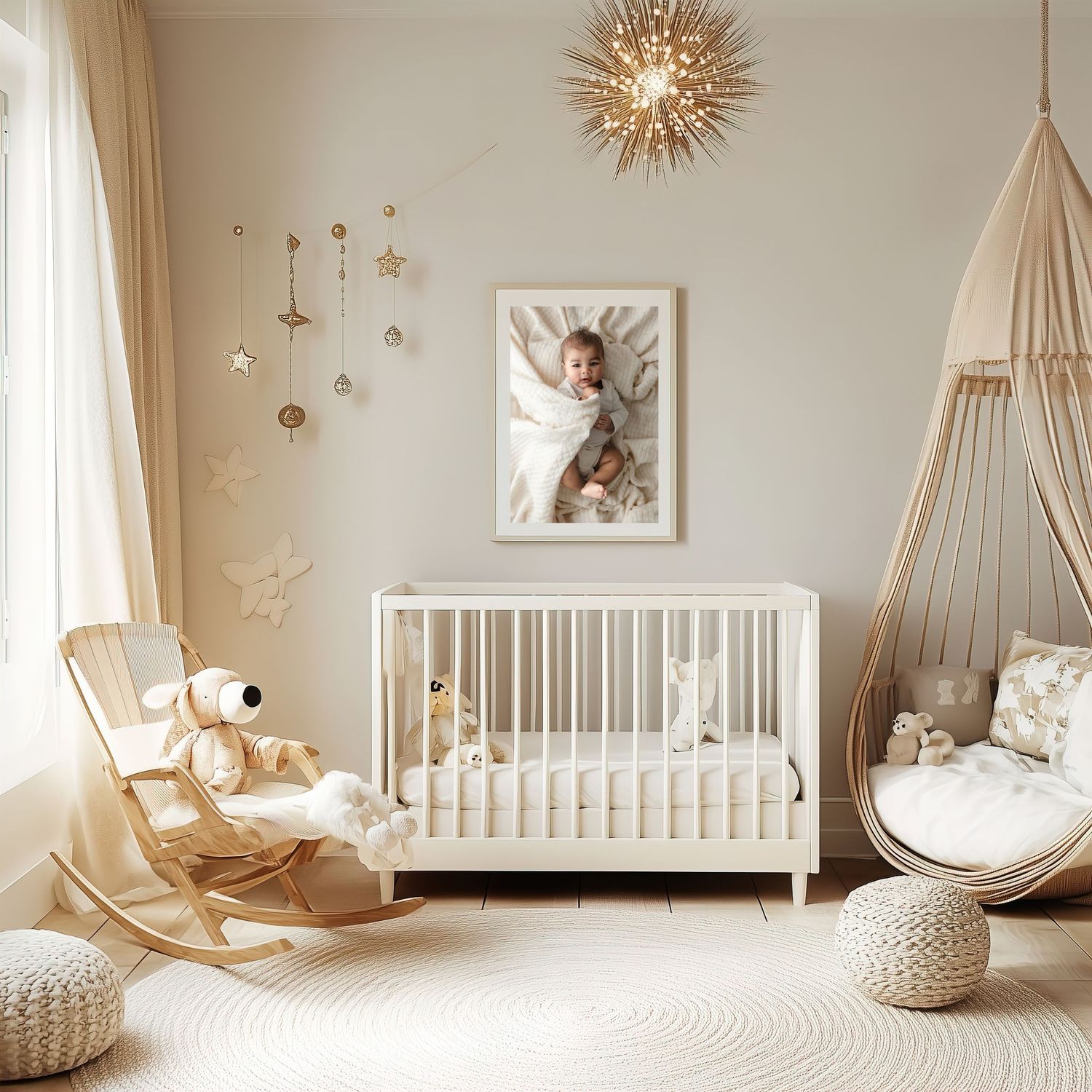 Neutral nursery featuring wall art of an adorable smiling baby in a swing, from Charlottesville newborn and family photographer.