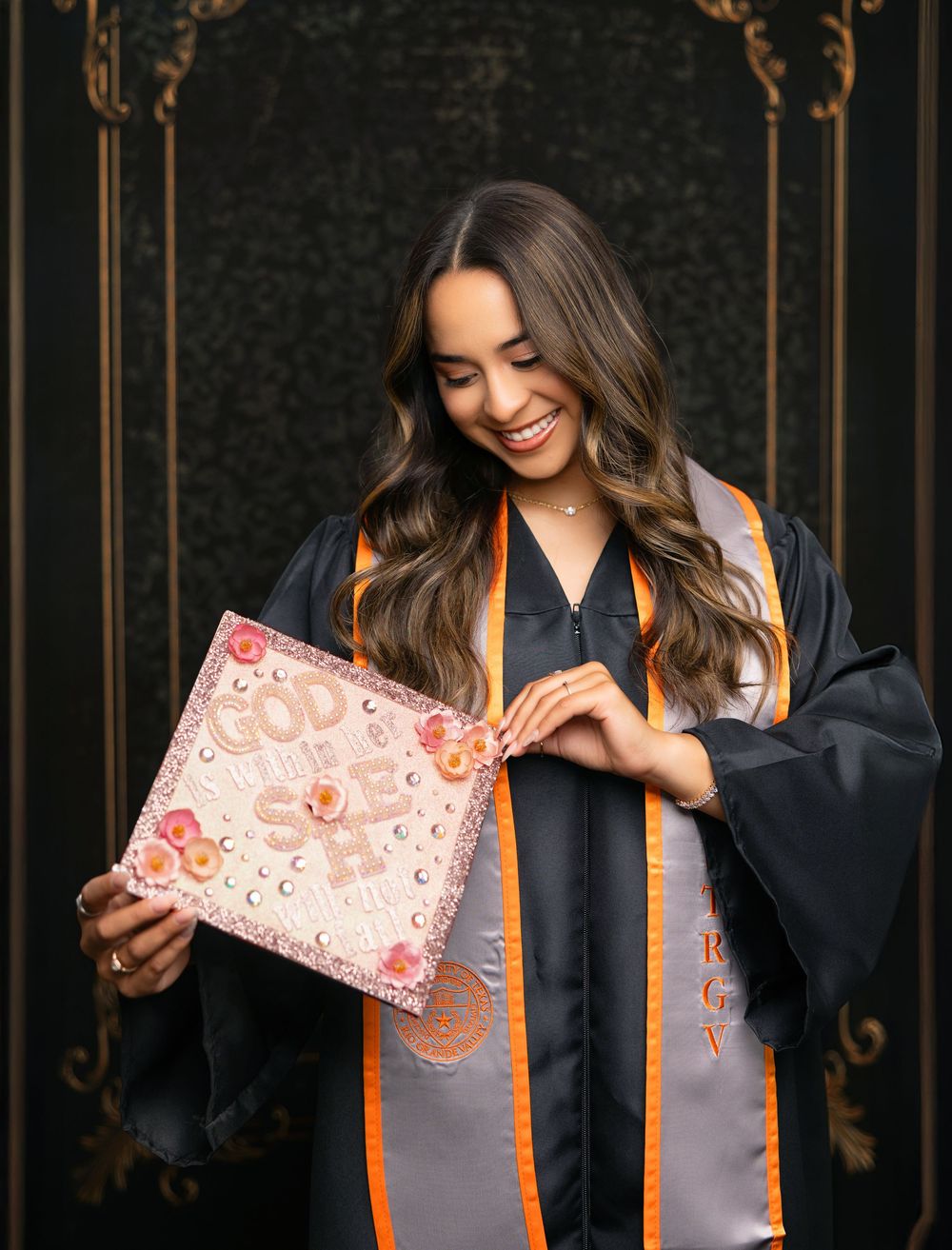 A person in graduation attire opens a pink floral gift box in a sequence of four celebratory photos.