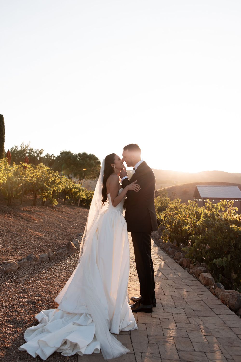 Newlyweds share an intimate moment at sunset on a stone path overlooking scenic vineyard views.