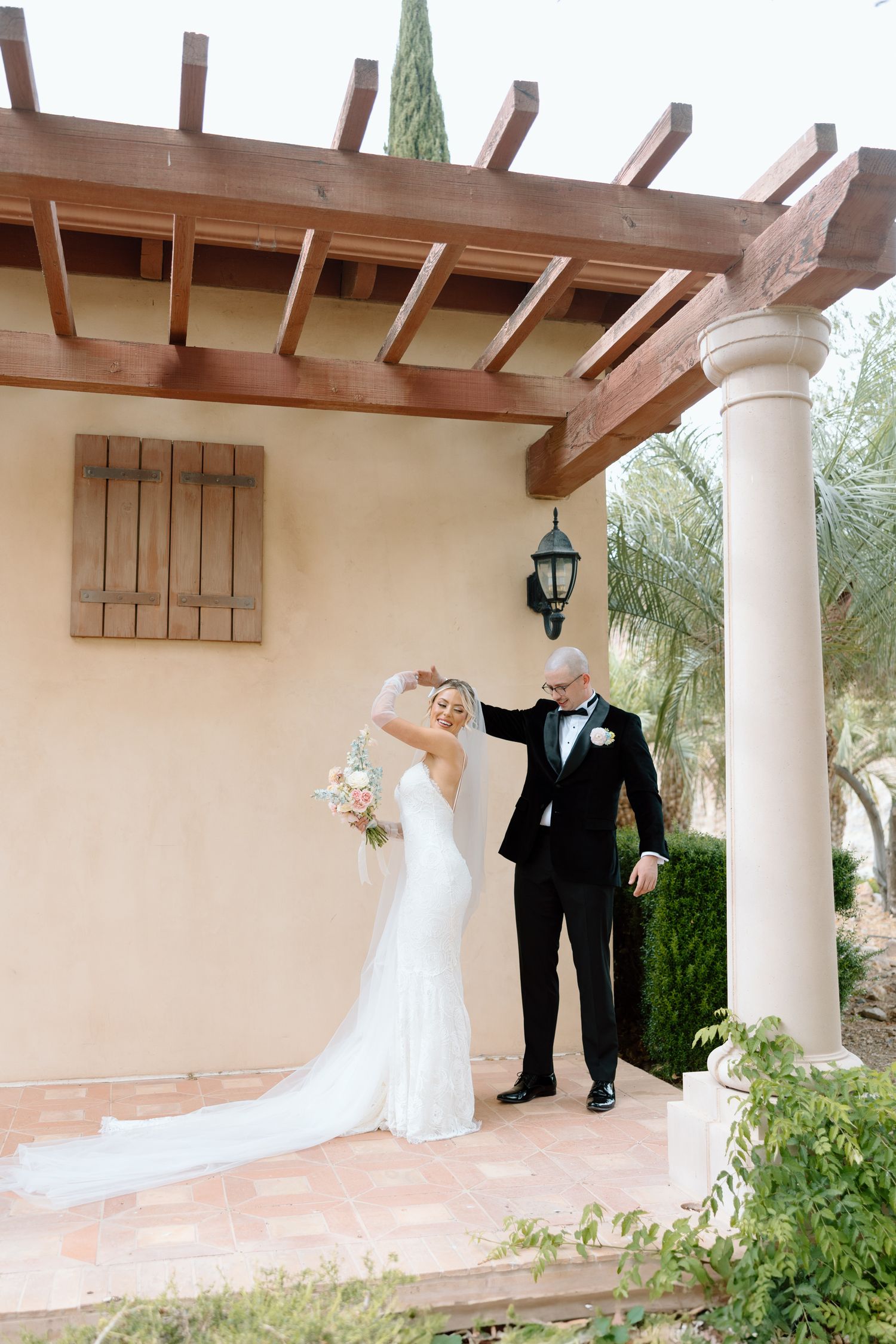 A sequence of wedding preparation photos showing a bride getting ready in a white dress against a light background.