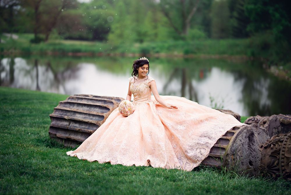 Peach-colored ball gown photographed in multiple poses near a lakeside setting.