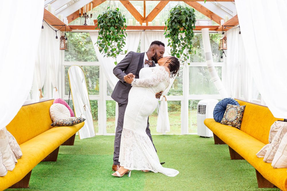 Collage of romantic wedding photos showing couples embracing in a bright outdoor garden setting with yellow decor elements.