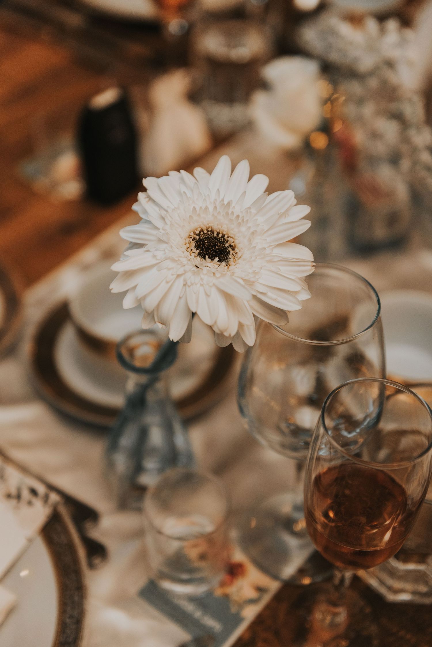 A single white Gerbera daisy sits on an elegant table setting with wine glasses and place settings in warm lighting.