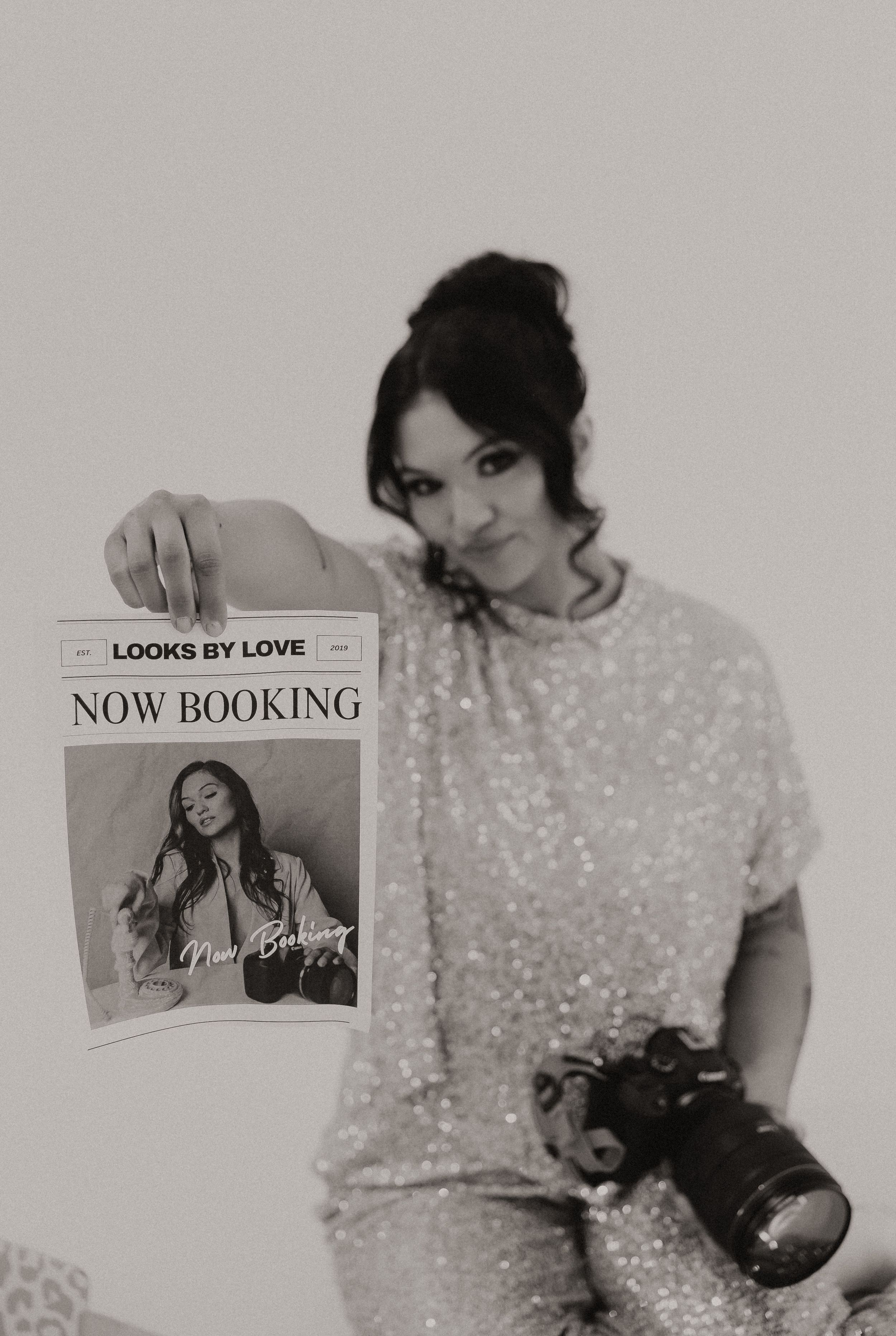 A black and white photo collage showing someone in a sparkly sequined dress posing in different angles.