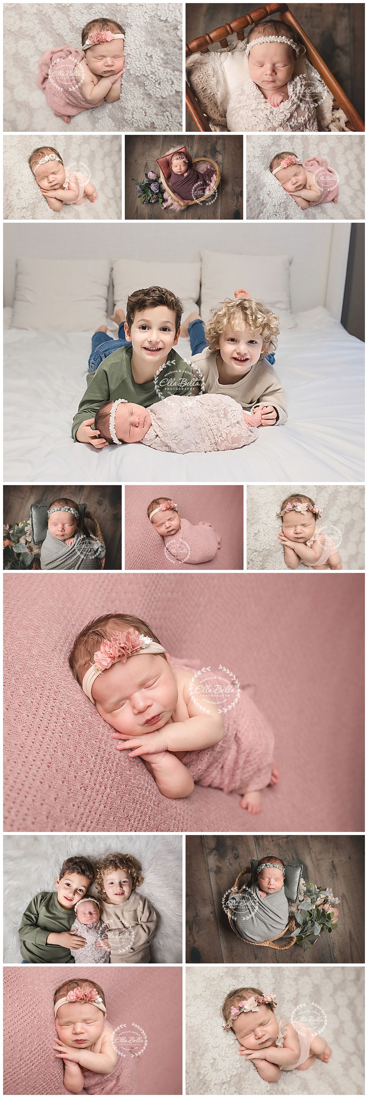 A collection of professional newborn photography portraits featuring soft pink and grey tones with various poses and props.