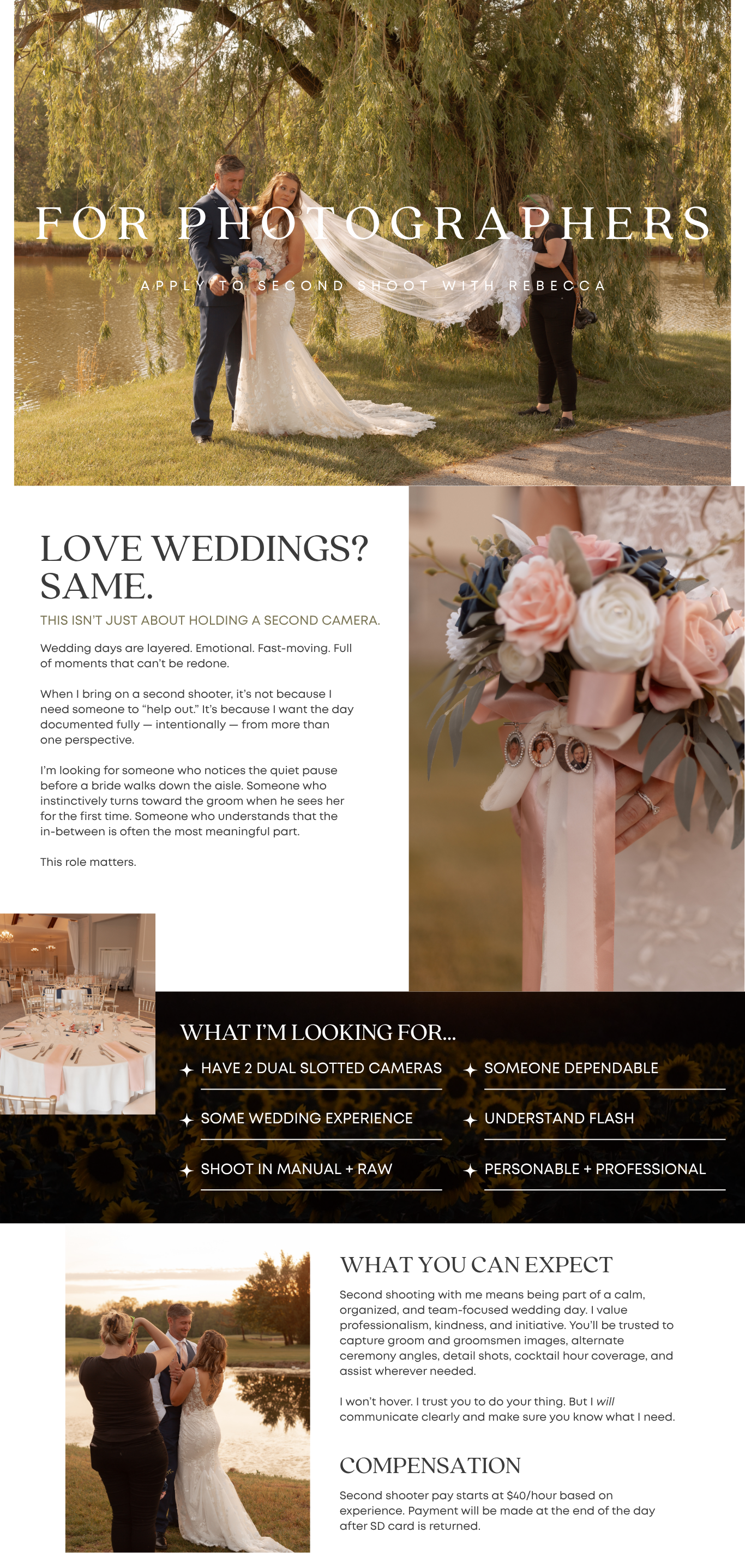 Professional wedding photography requirements and compensation details displayed on elegant floral background.