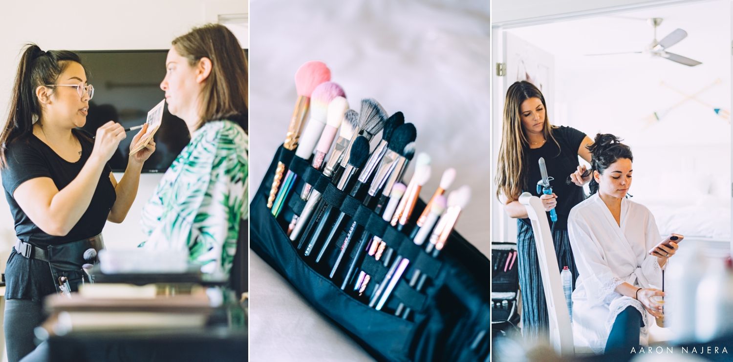 Behind the scenes collage of makeup artists preparing clients with professional brushes.