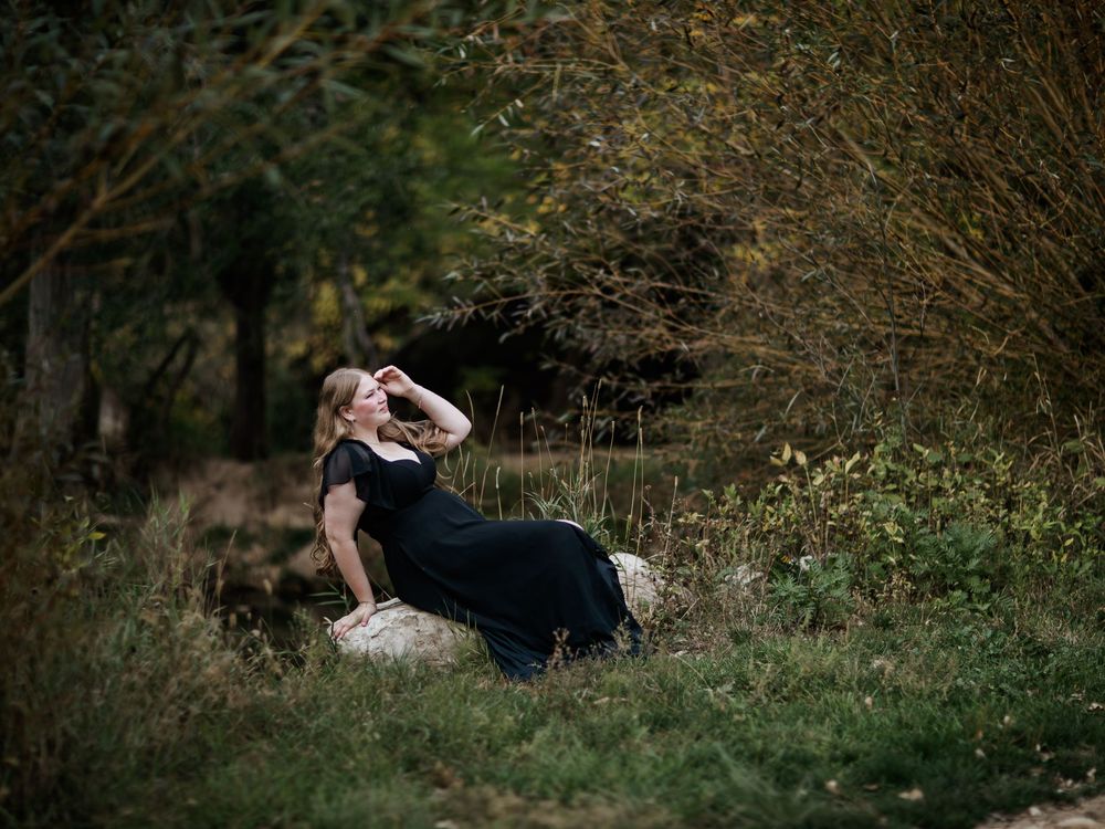 A series of artistic outdoor portraits showing movement in a natural setting.