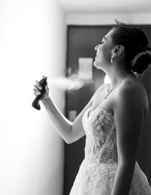 Three delicate black and white silhouettes show a bride in a lace wedding dress taking sips from a glass.