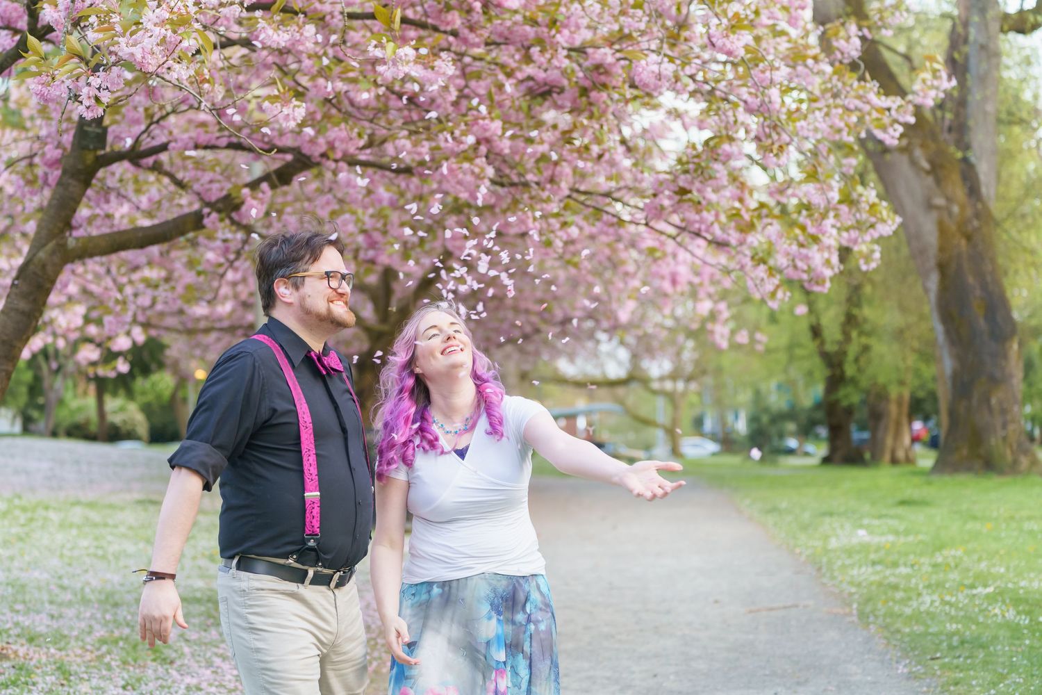 People walking along a scenic path under blooming pink cherry blossom trees in a spring park.
