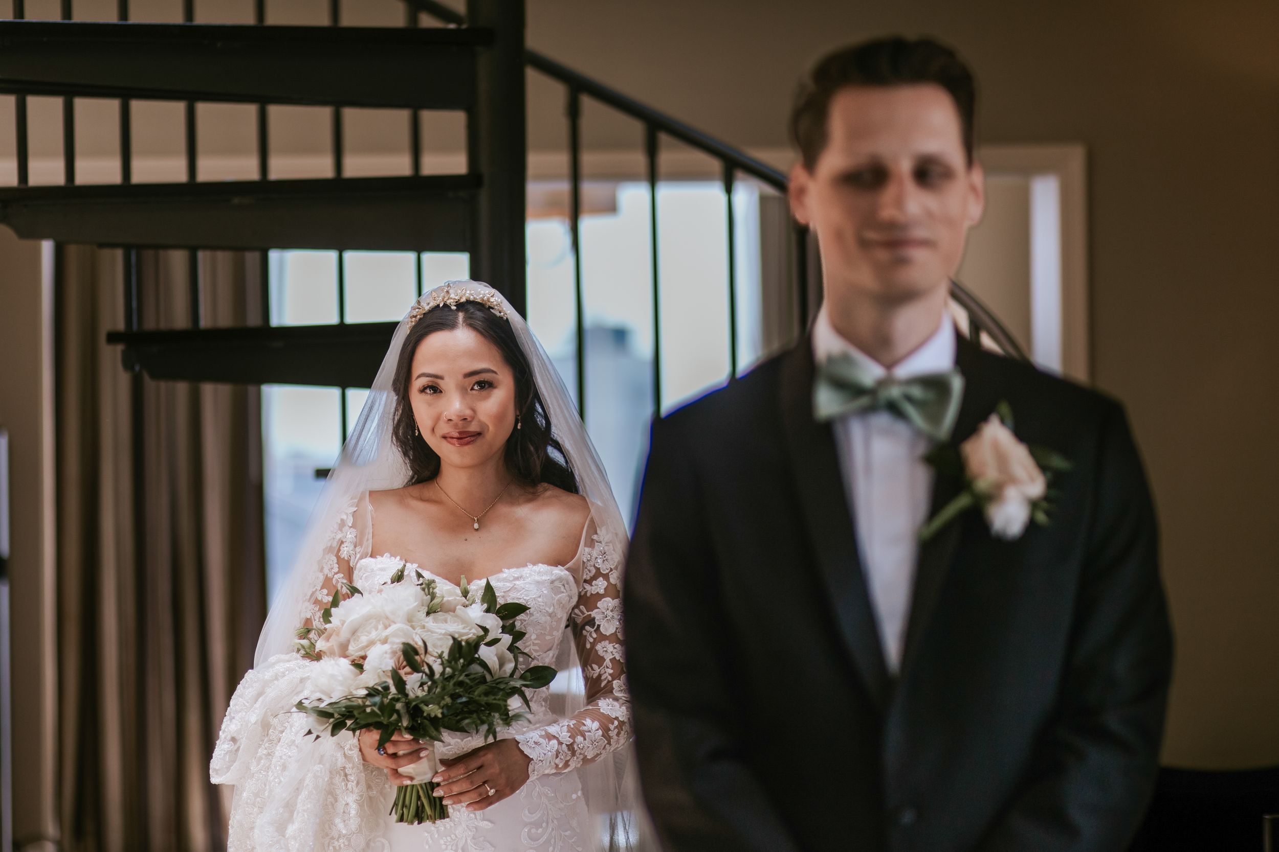 A bride and groom share intimate moments in a series of wedding photos with dark wood paneling in the background.